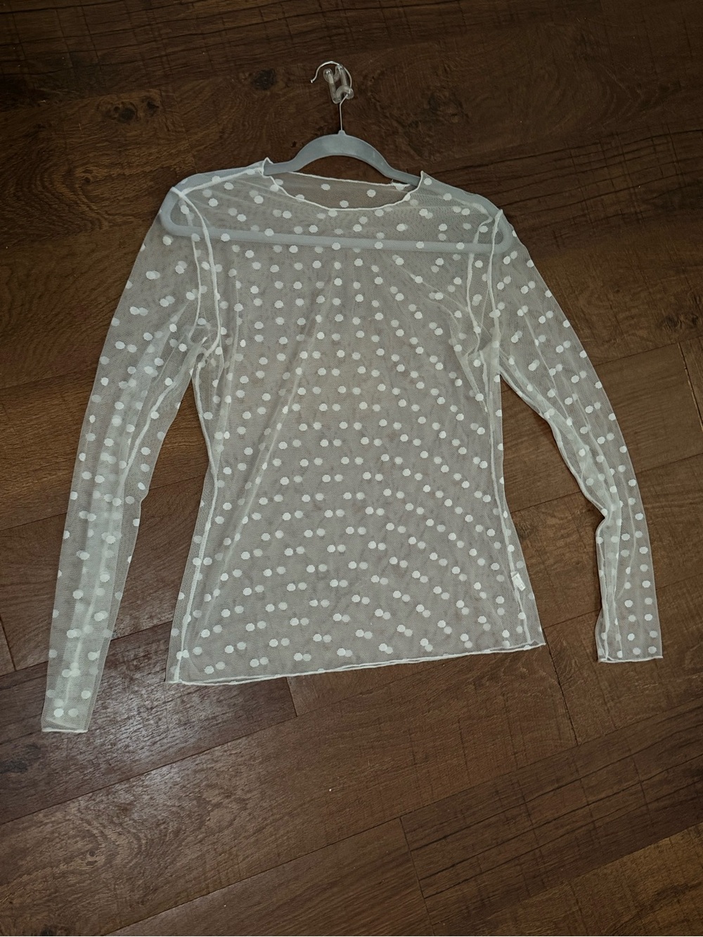 Sheer White Polka Dot Long-Sleeve Mesh Top